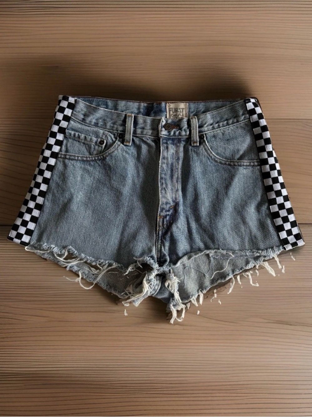 Furst Of A Kind Shorts Womens 27 Blue Denim Cutoff Checkered Side Fringe Skate